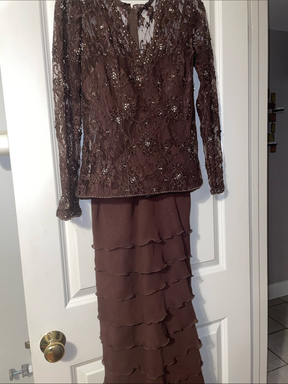 Elegant Brown Lace & Ruffle Tiered Evening Dress
